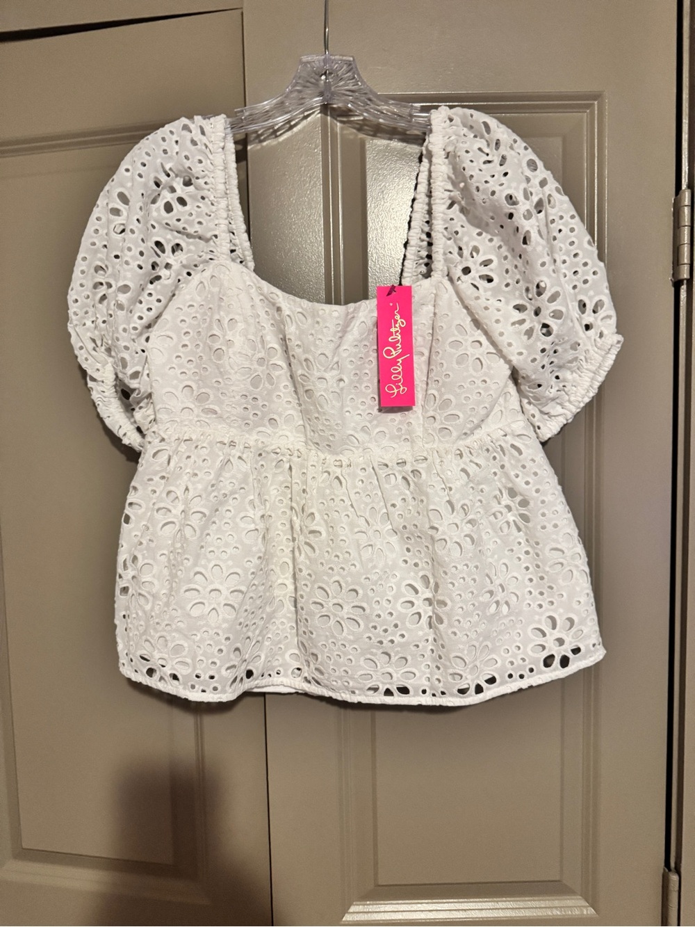 Lilly Pulitzer White Eyelet Puff-Sleeve Peplum Blouse